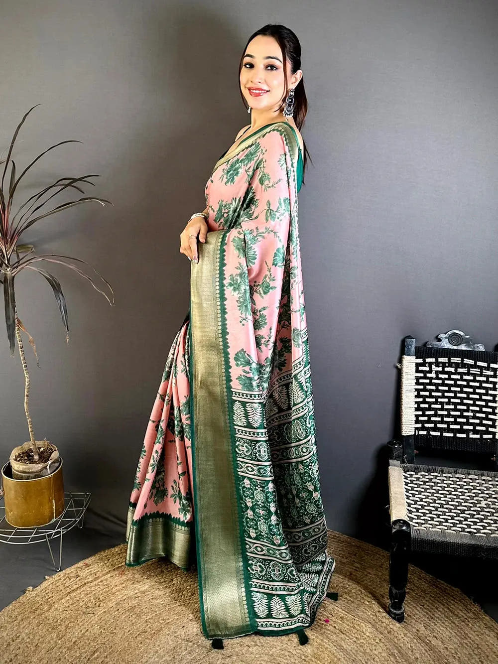 Opulent Pink Floral Print Soft Dola Saree