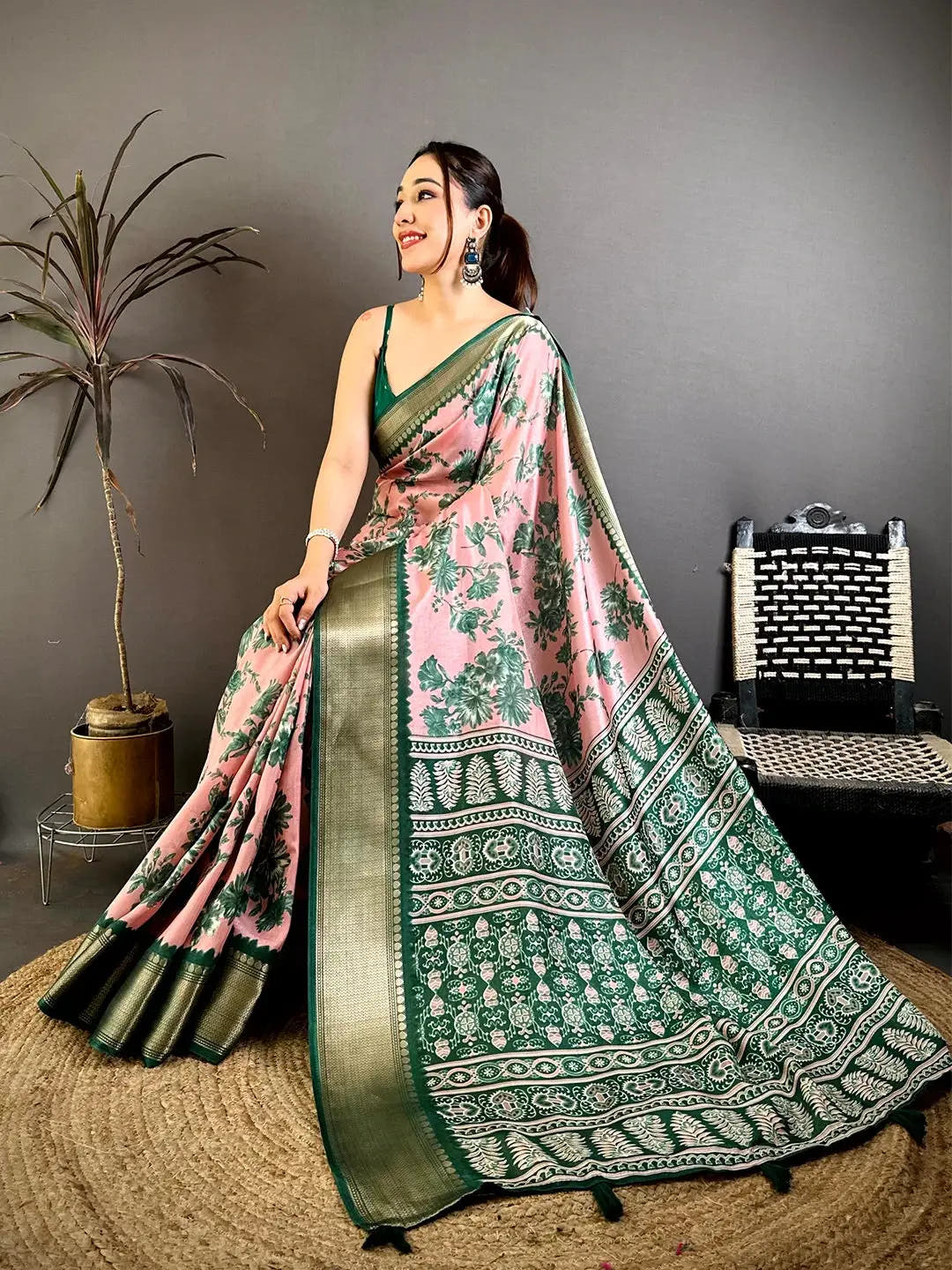 Opulent Pink Floral Print Soft Dola Saree