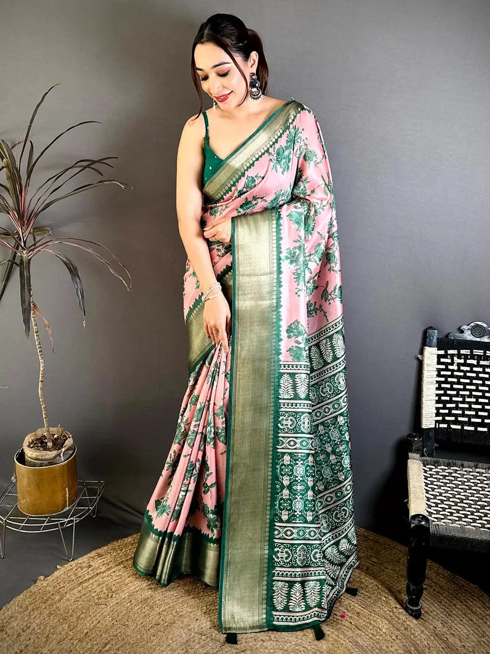 Opulent Pink Floral Print Soft Dola Saree