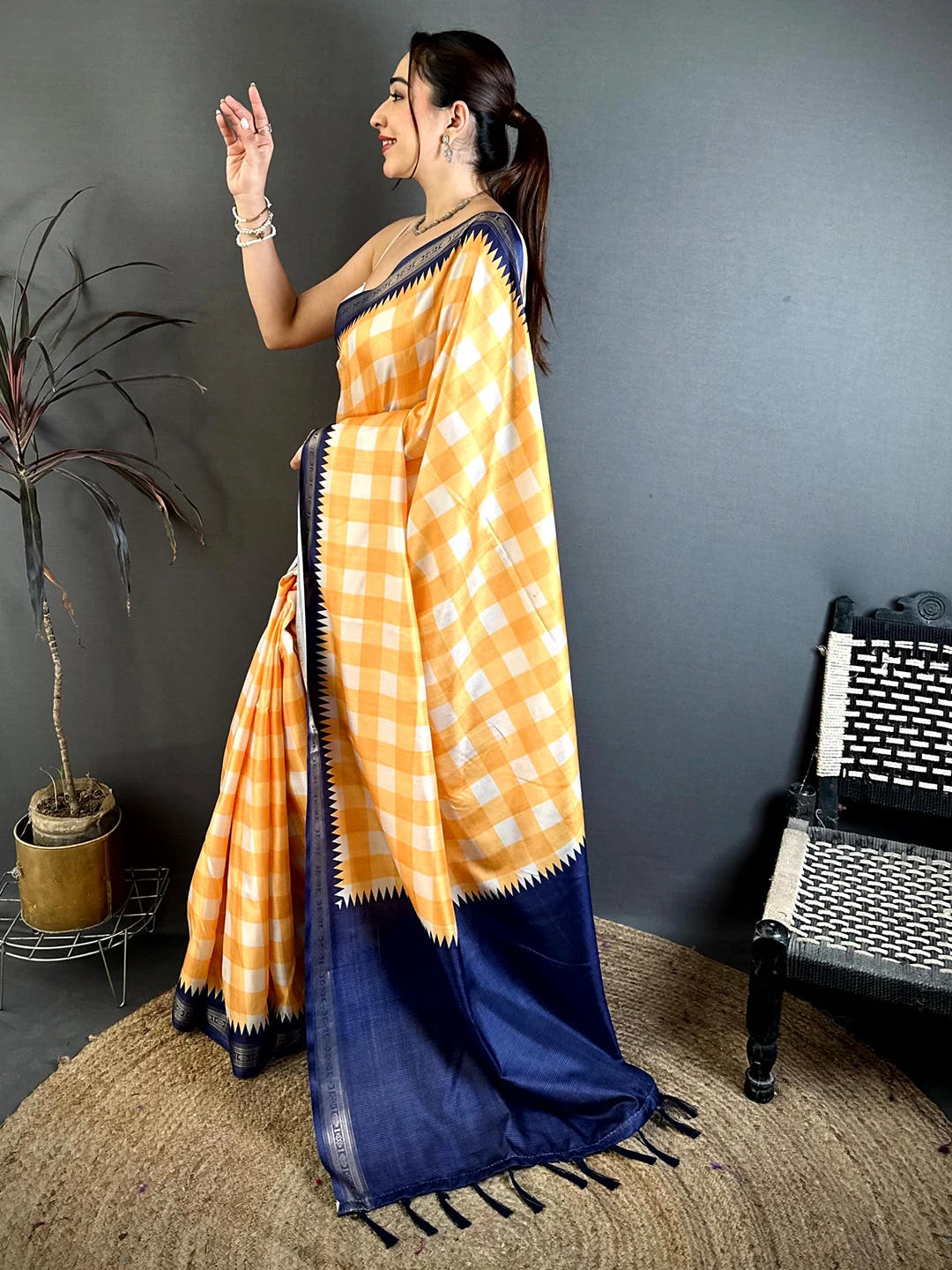 Orange Soft Silk Check Print Contrast Pallu Saree - view 2