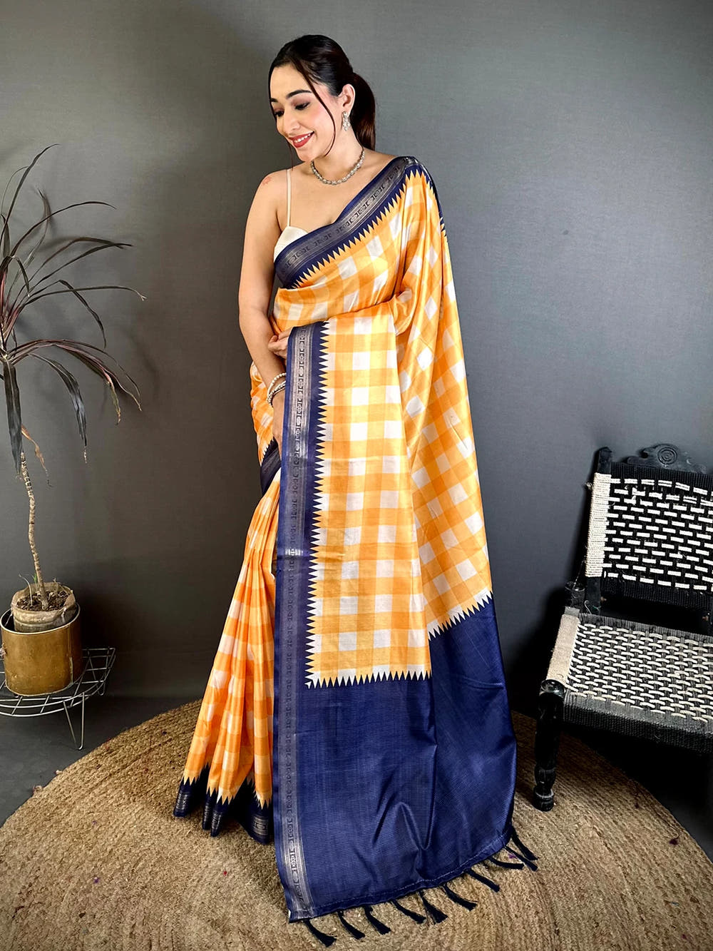 Orange Soft Silk Check Print Contrast Pallu Saree - view 4