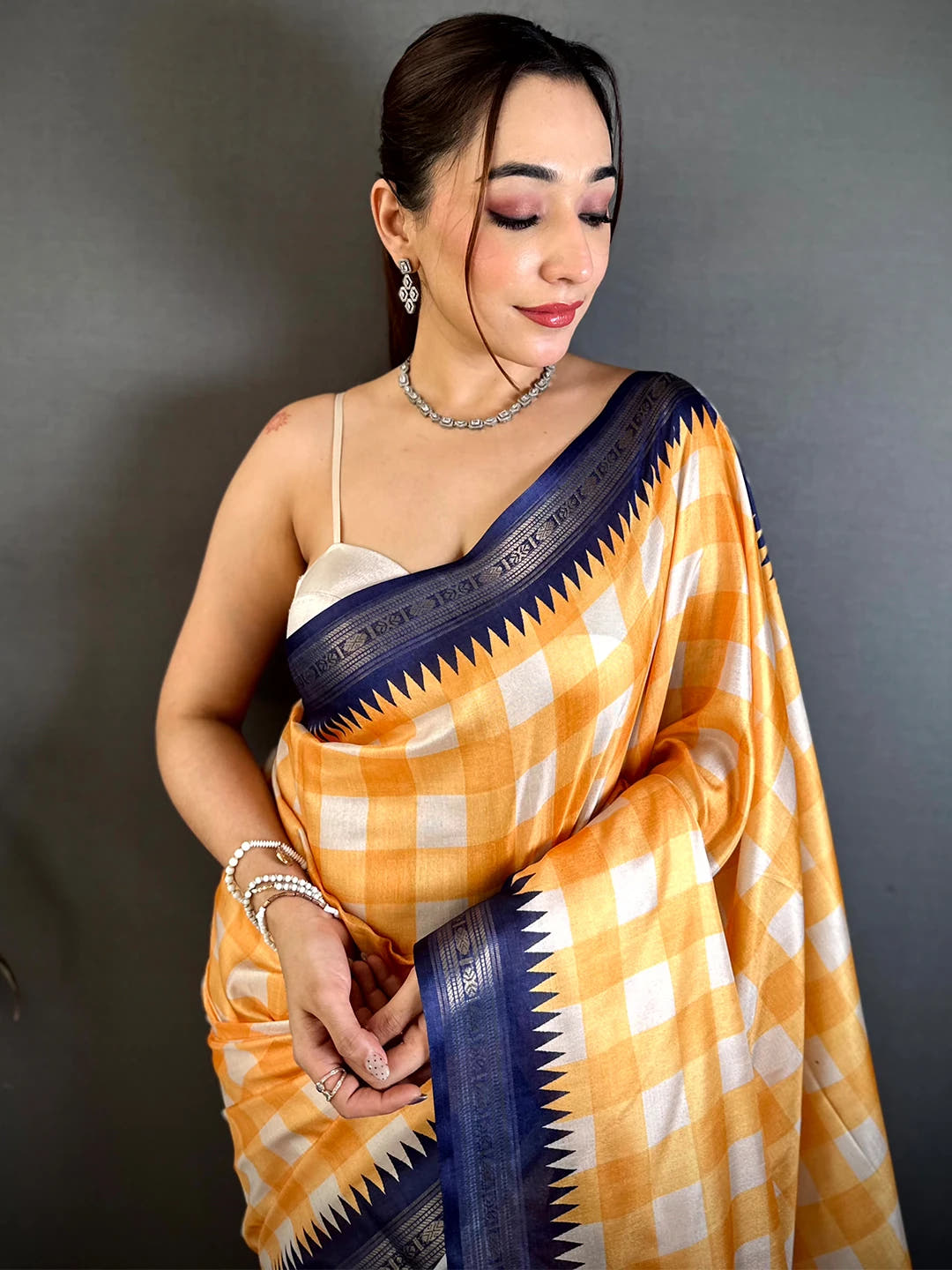Orange Soft Silk Check Print Contrast Pallu Saree
