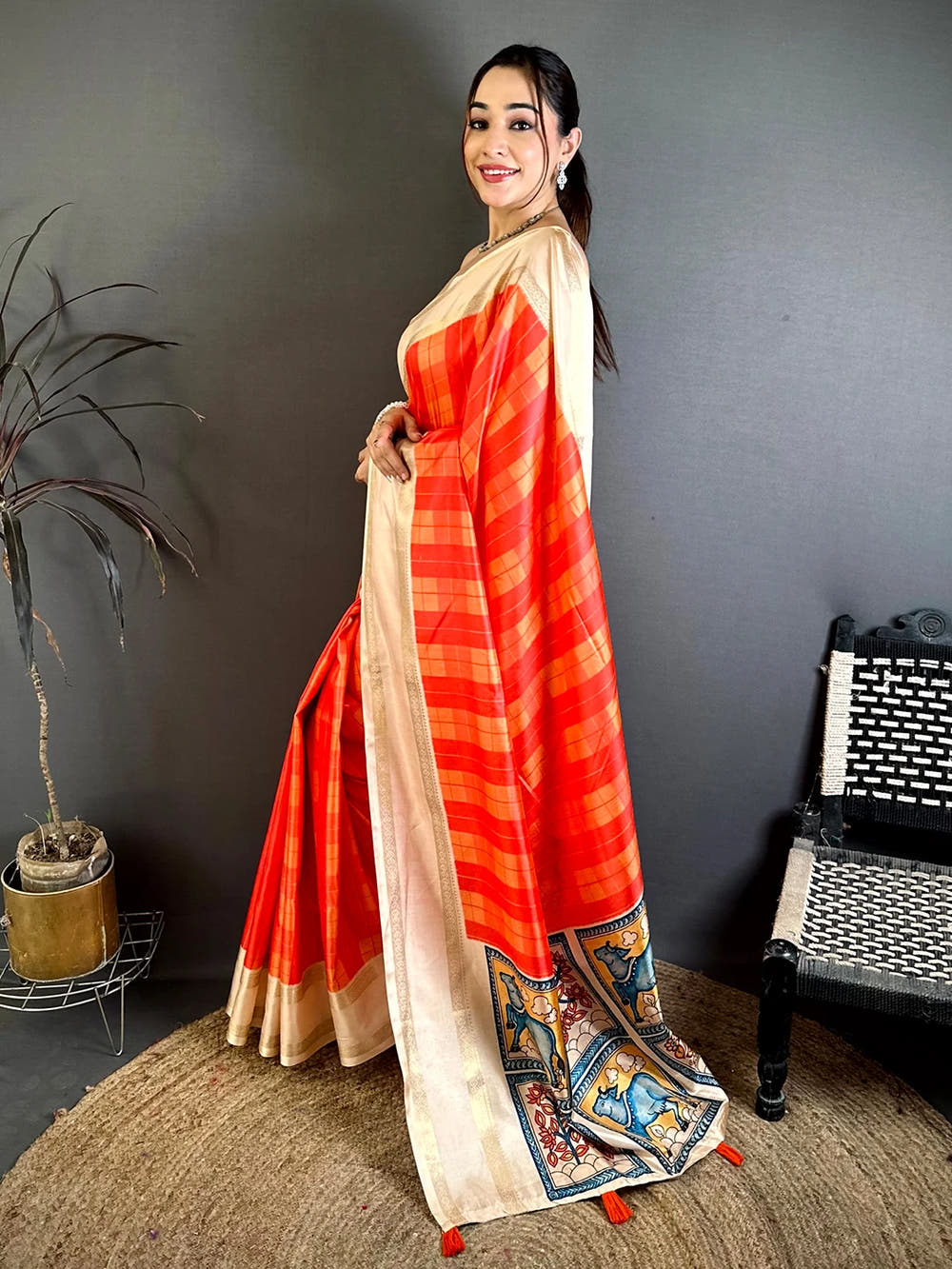 Orange Soft Silk Checks Kalamkari Print Saree - view 2