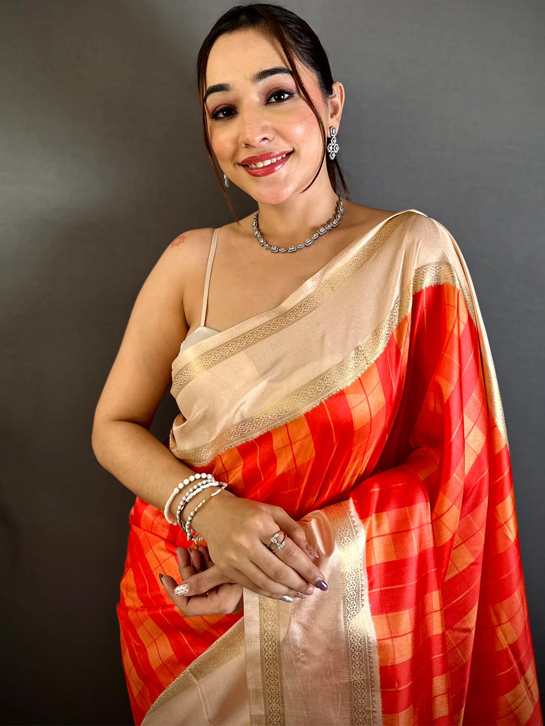 Orange Soft Silk Checks Kalamkari Print Saree - view 3