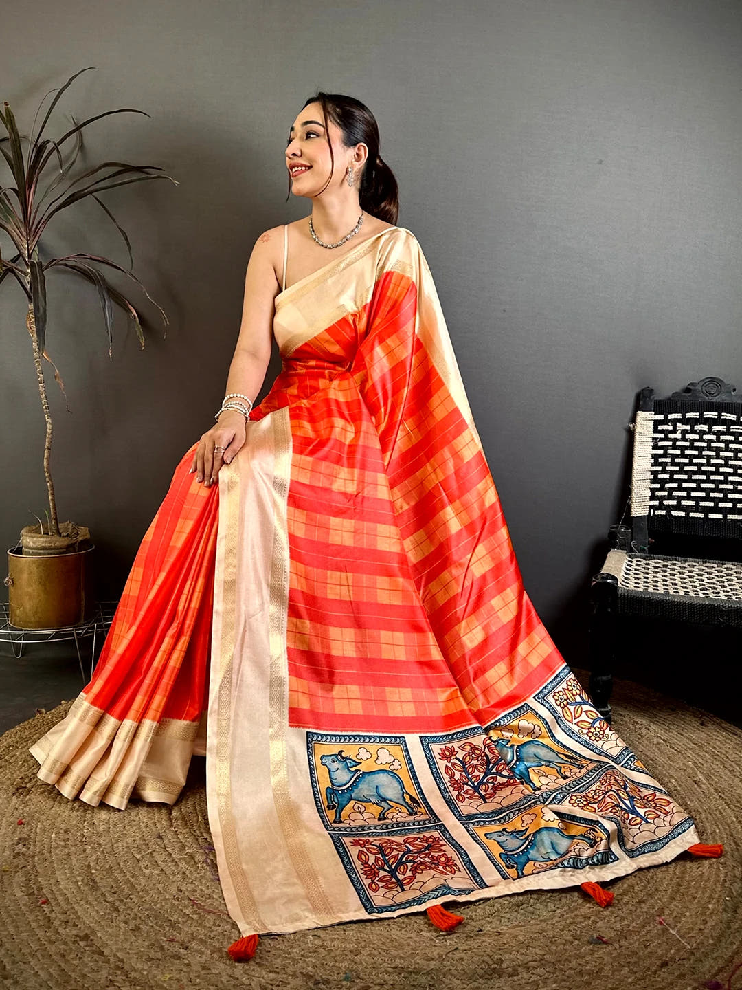 Orange Soft Silk Checks Kalamkari Print Saree - view 4