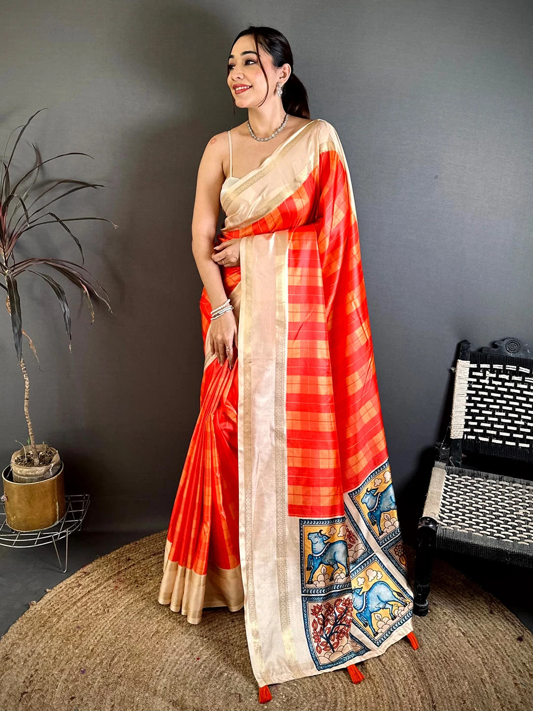 Orange Soft Silk Checks Kalamkari Print Saree