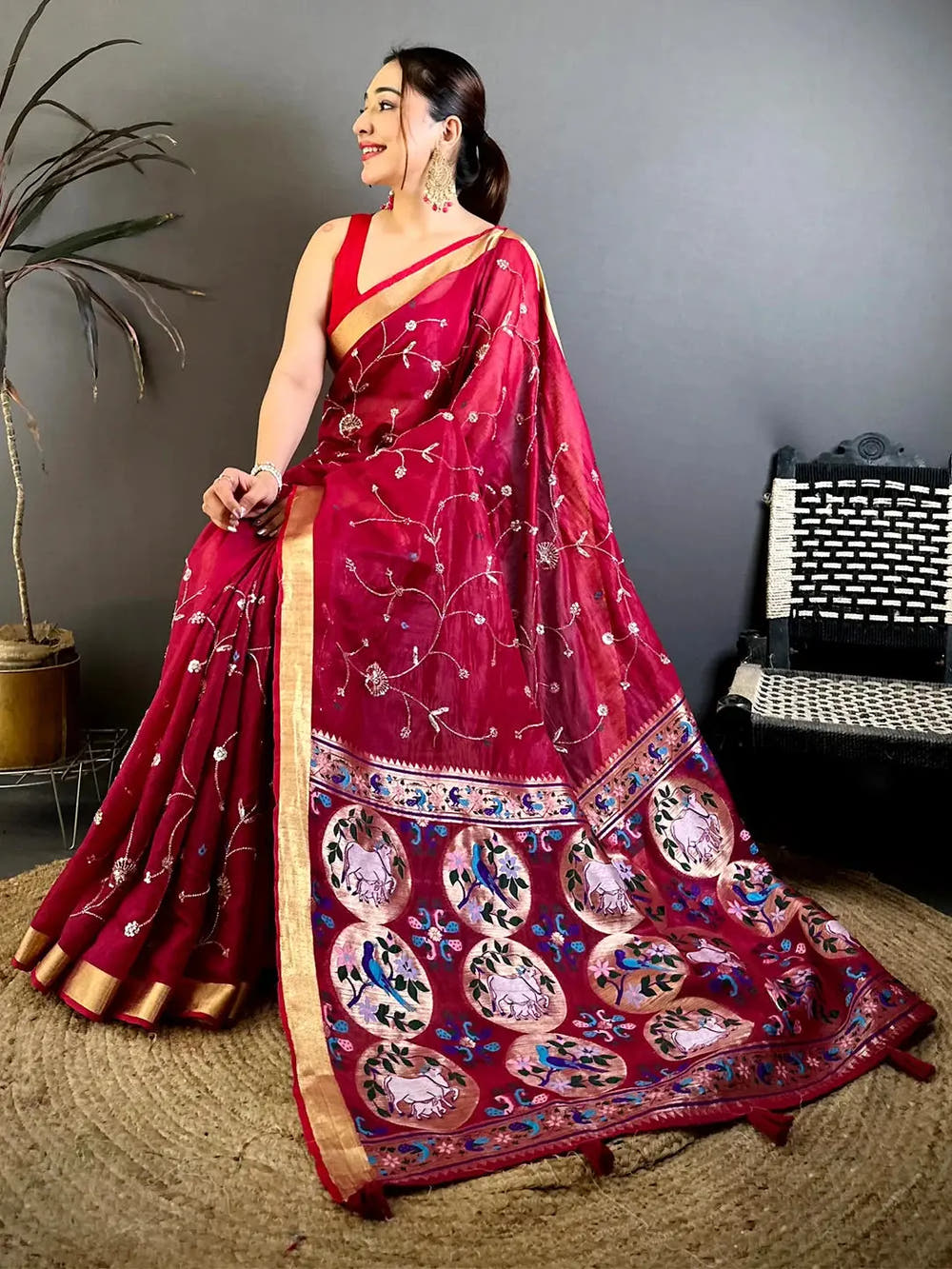 Pink Linen Chanderi Pearl Bead Work Saree