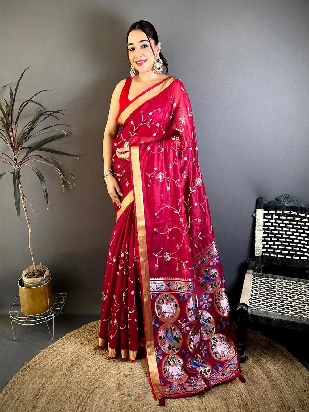 Pink Linen Chanderi Pearl Bead Work Saree