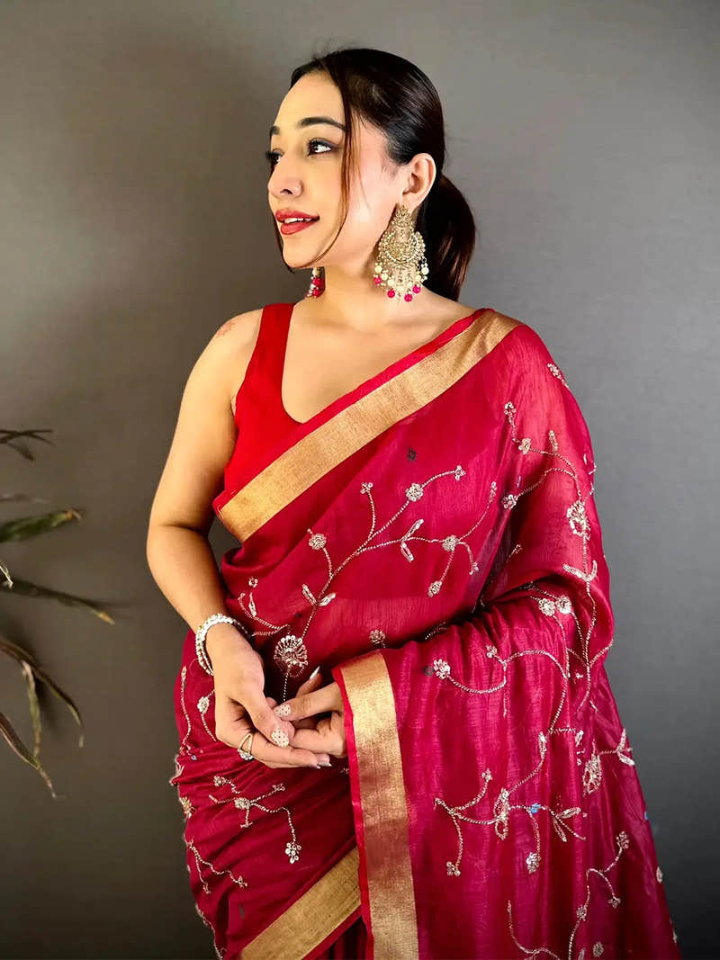 Pink Linen Chanderi Pearl Bead Work Saree