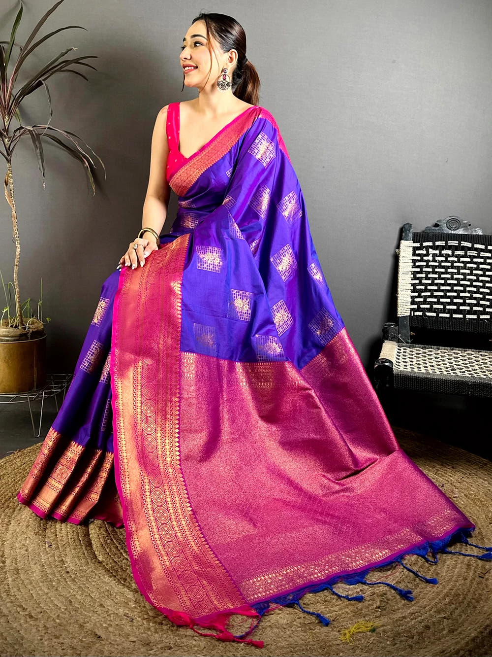 Royal Purple Soft Silk Chex Butta Saree