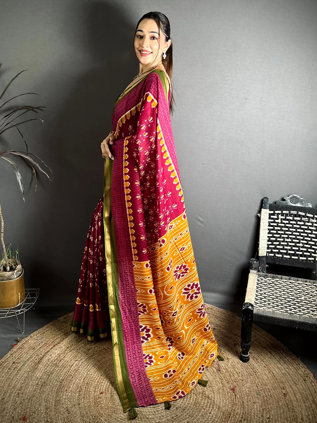Exclusive Maroon Mul Cotton Ikkat Print Saree