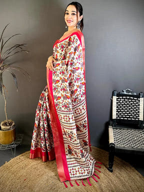 Pink Bird Printed Tussar Check Saree