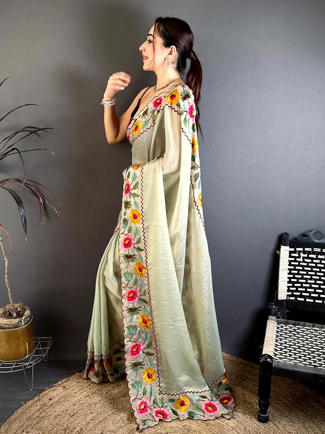 Pista Soft Crush Silk Resham Floral Border Saree