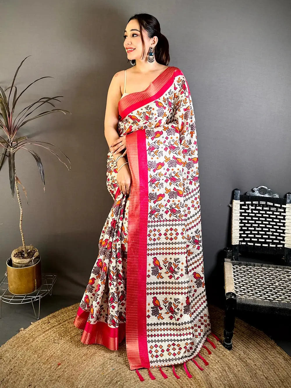 Pink Bird Printed Tussar Check Saree