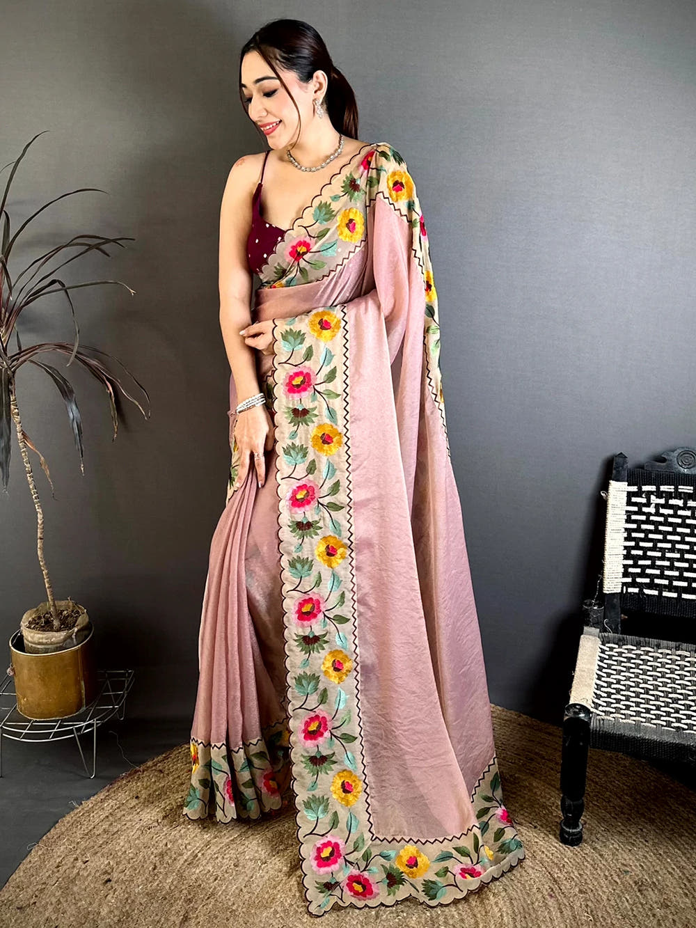 Pink Soft Crush Silk Resham Floral Border Saree