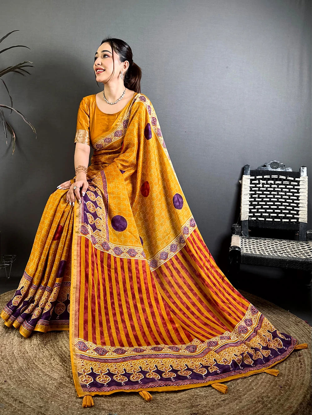 Mustard Mul Cotton Bandhani Ajrak Print Saree