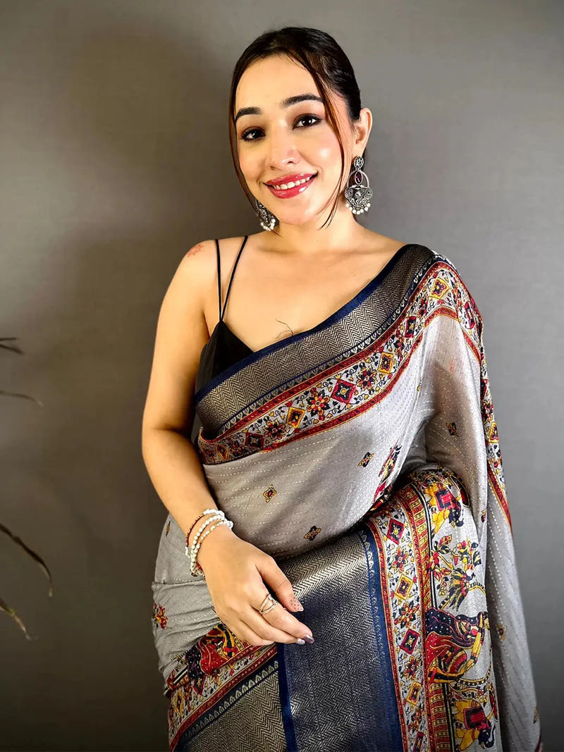 Silver Soft Dola Kalamkari Zari Border Saree
