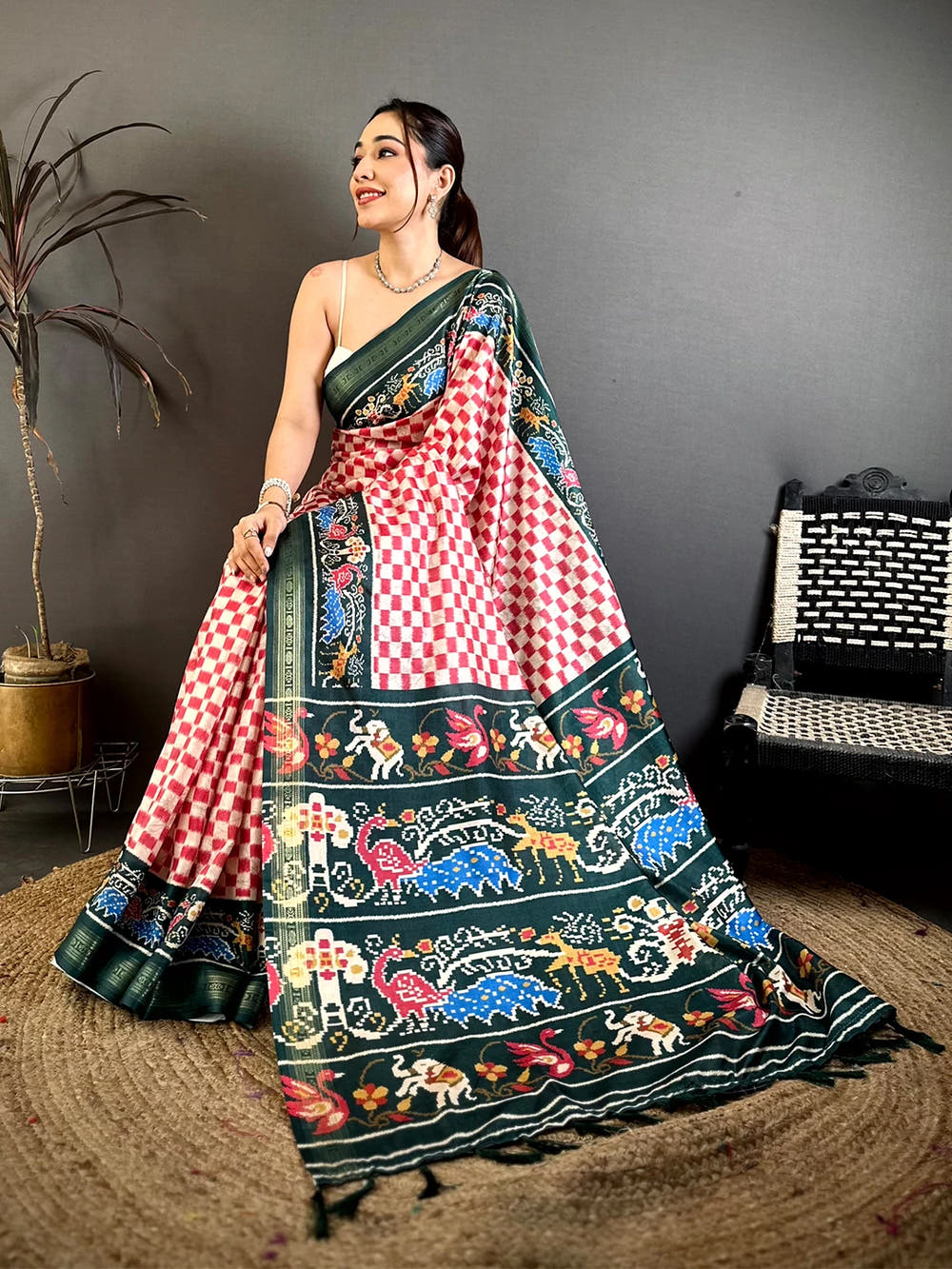 Opulent Soft Silk Ikkat Block Print Saree