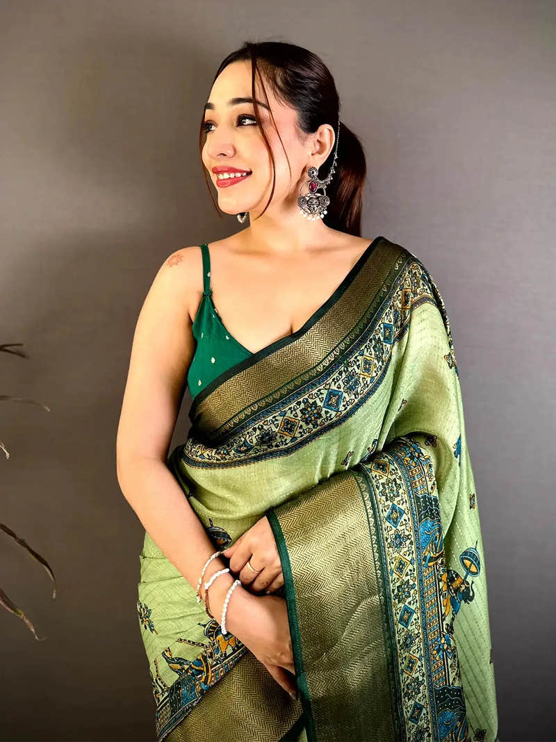 Pista Soft Dola Kalamkari Zari Border Saree
