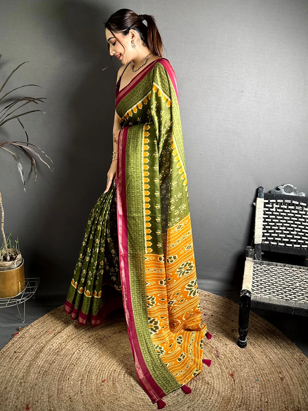 Exclusive Olive Mul Cotton Ikkat Print Saree
