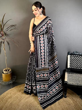 Royal Black Patola Print Tussar Saree
