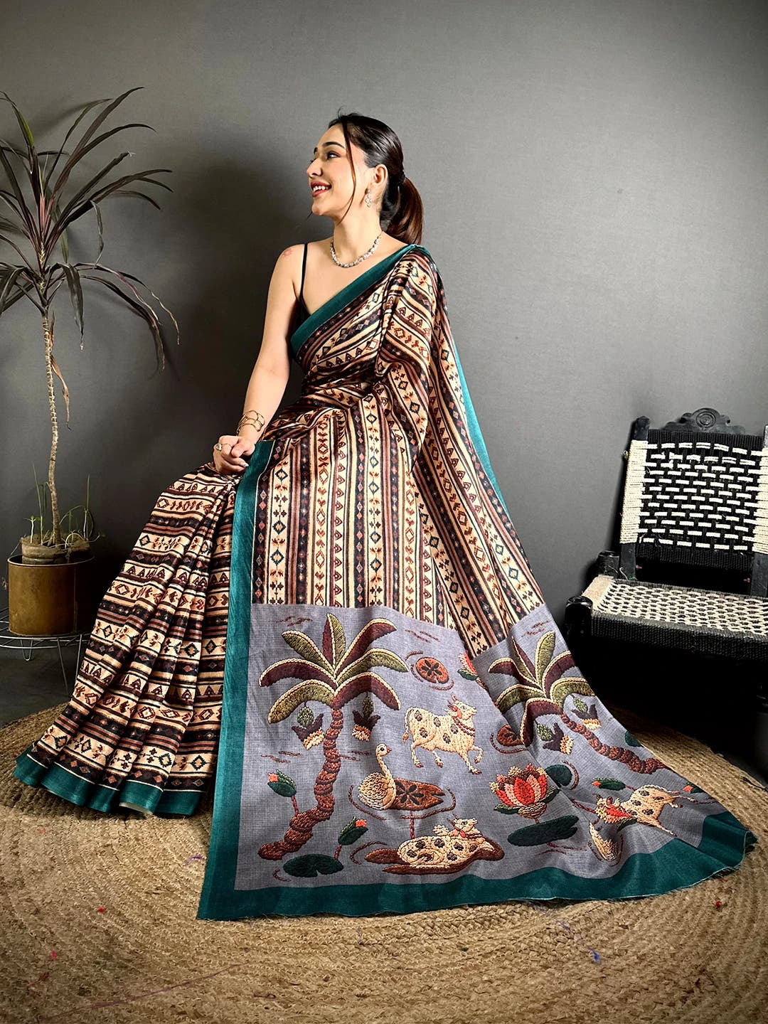 Classic Tussar Ajrakh Kalamkari Print Saree