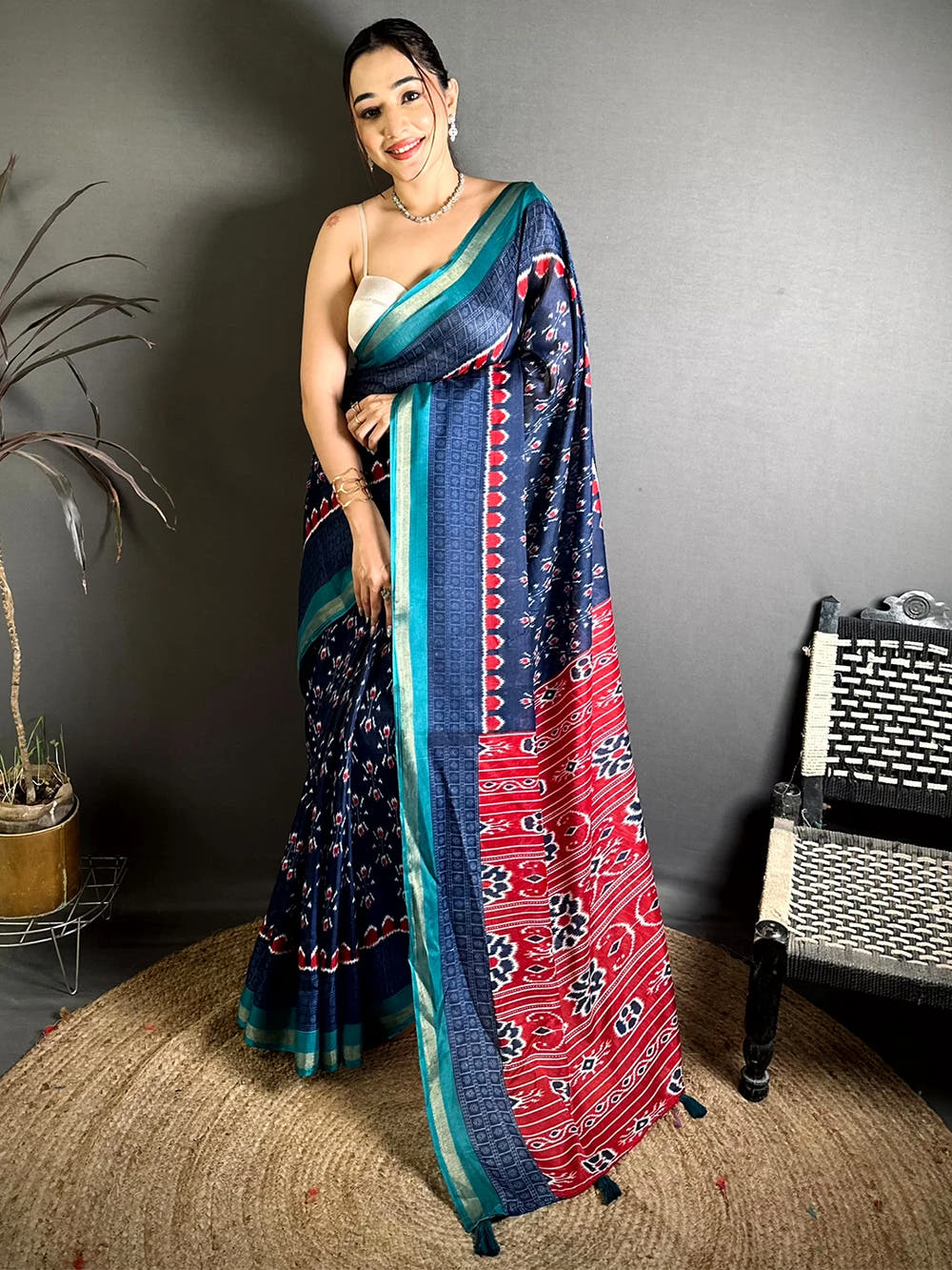 Exclusive Navy Mul Cotton Ikkat Print Saree