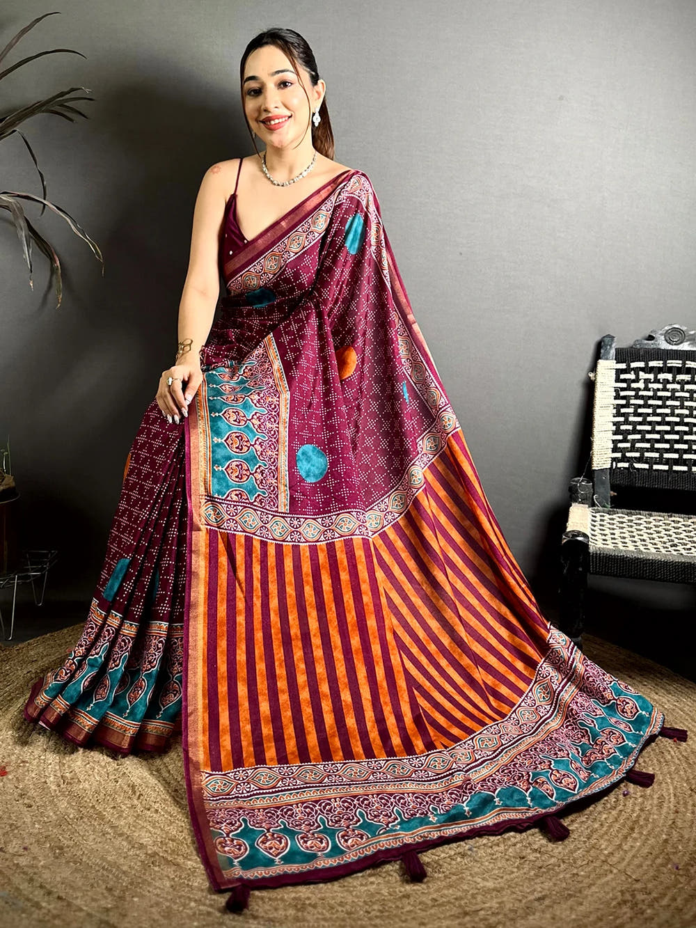 Wine Mul Cotton Bandhani Ajrak Print Saree