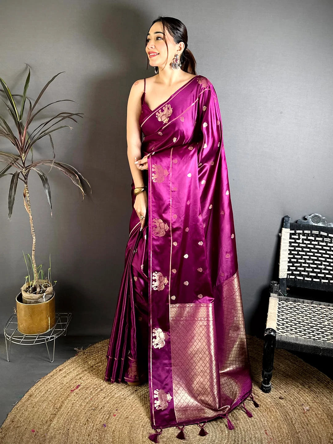 Wine Mashru Satin Silk Elephant Zari Butta Saree, full front drape on a model with the woven pallu and check pattern