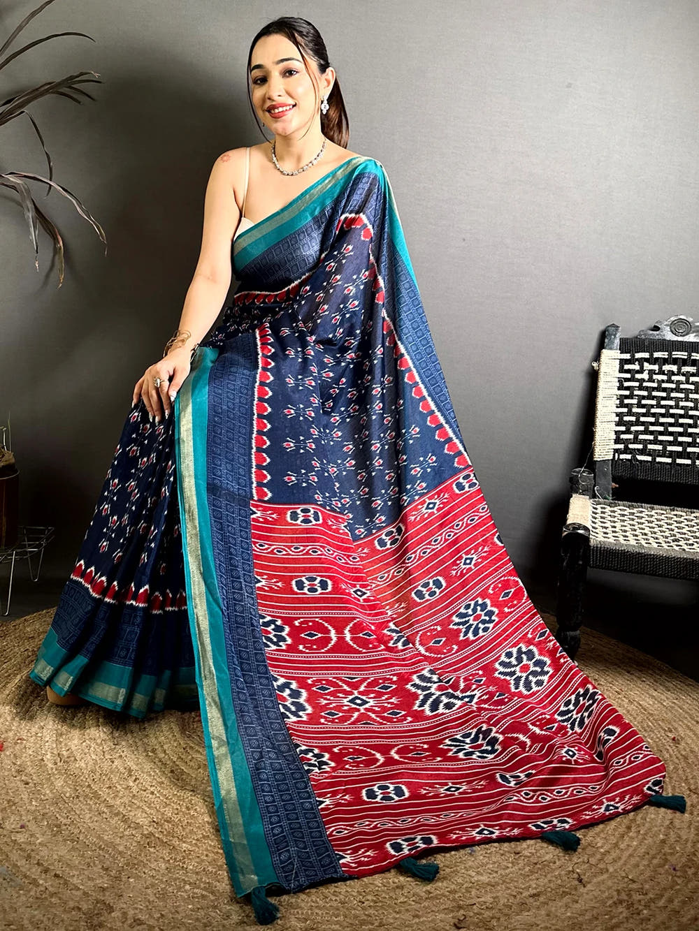 Exclusive Navy Mul Cotton Ikkat Print Saree