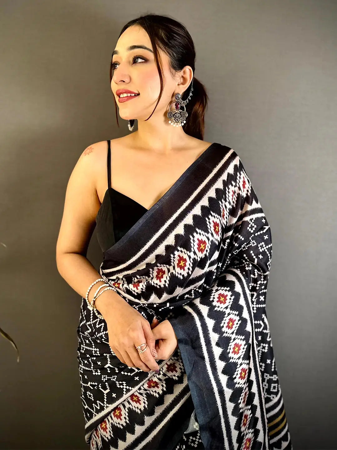 Royal Black Patola Print Tussar Saree