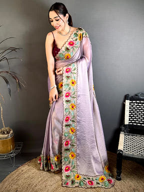 Lavender Soft Crush Silk Resham Floral Border Saree