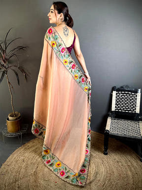 Peach Soft Crush Silk Resham Floral Border Saree
