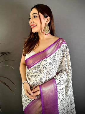 Stylish Soft Dola Silk Black Ink Kalamkari Saree