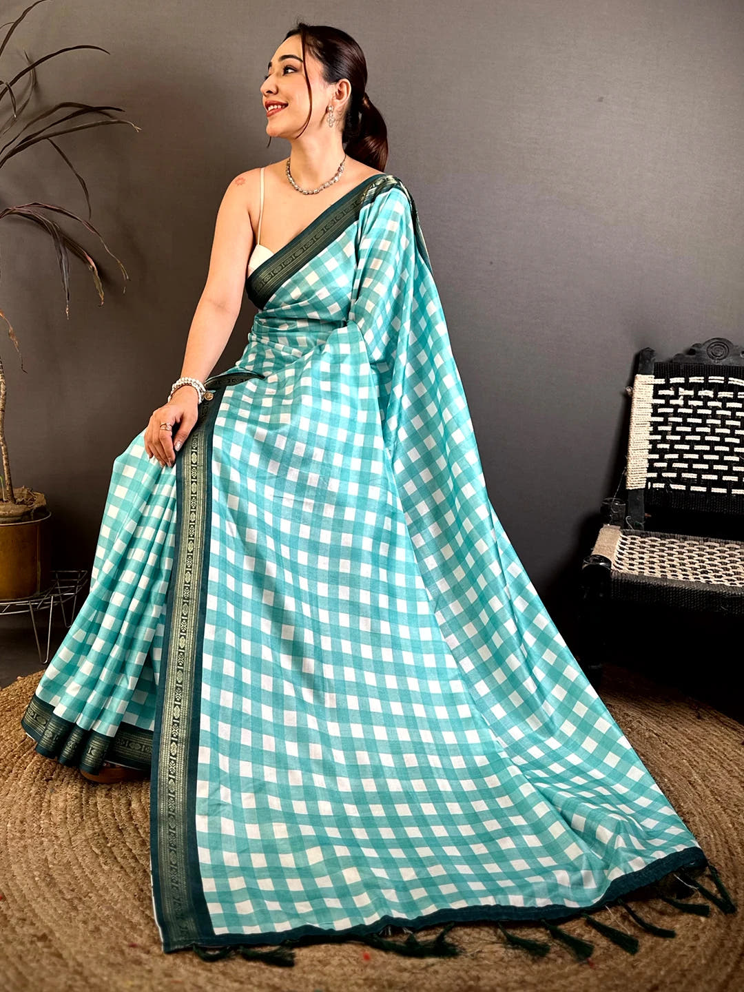 Radiant Soft Silk Small Check Zari Border Saree