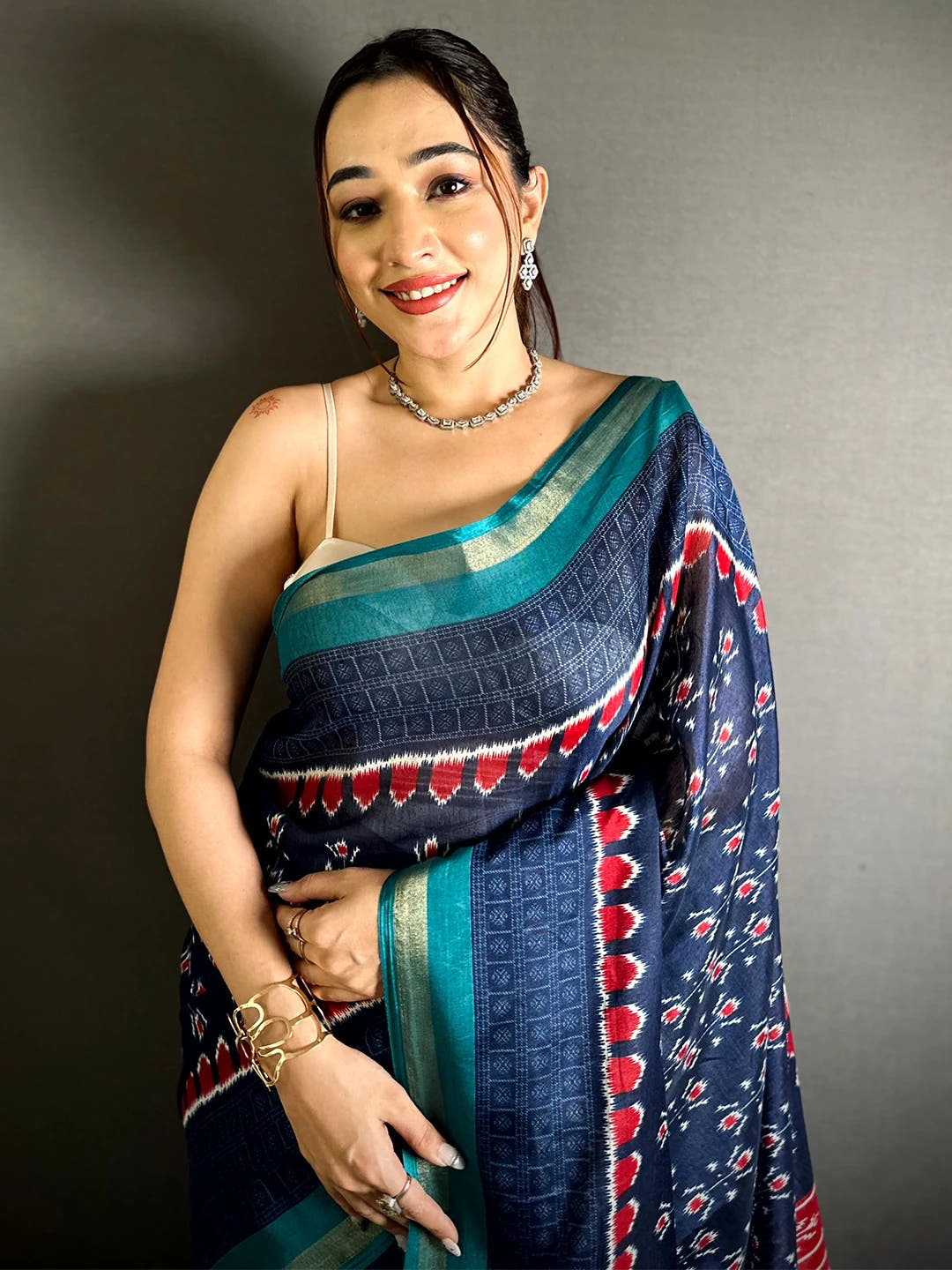 Exclusive Navy Mul Cotton Ikkat Print Saree