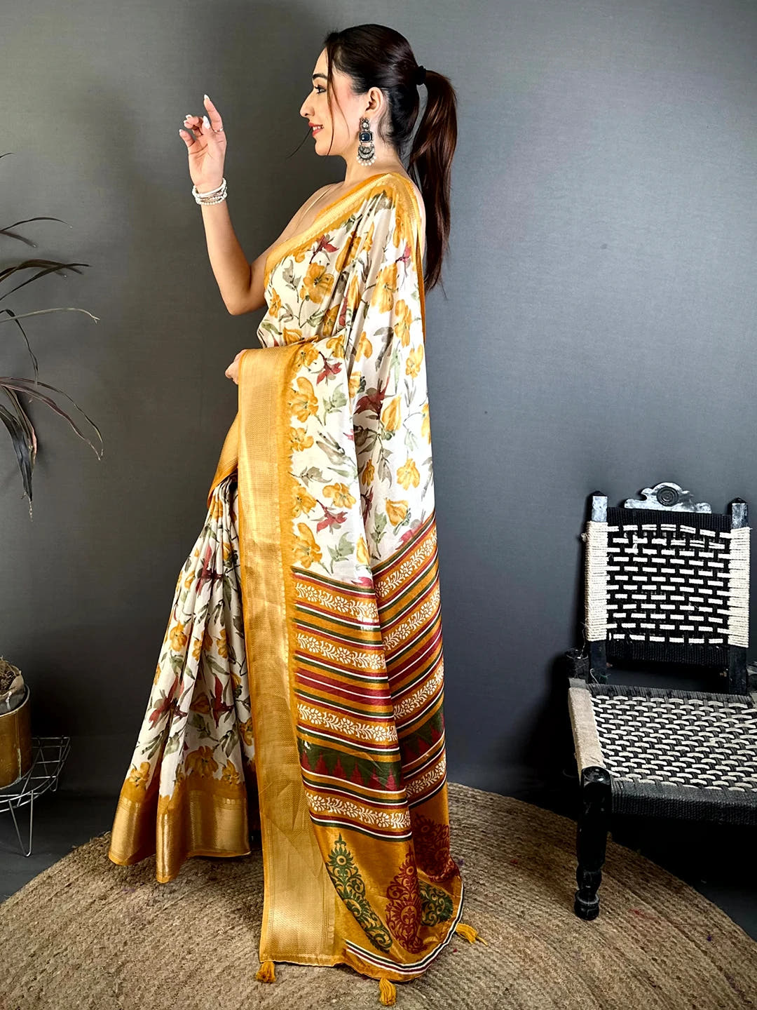 Radiant Mustard Soft Dola Floral Print Saree