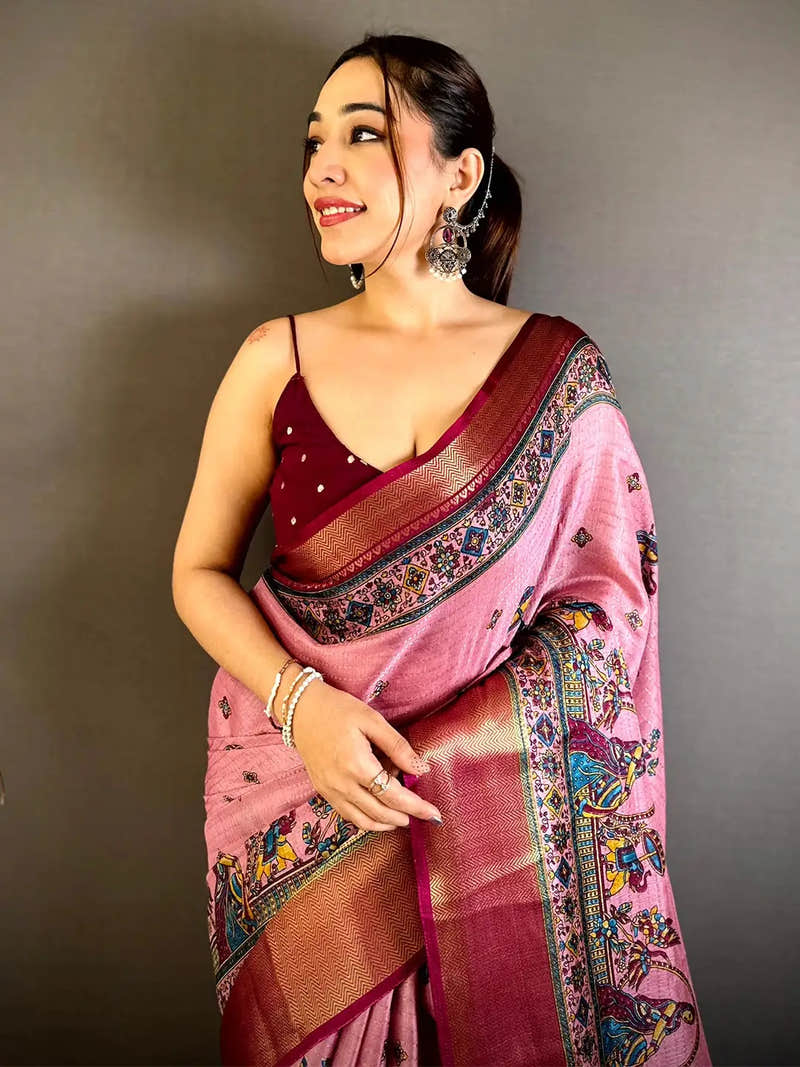 Pink Soft Dola Kalamkari Zari Border Saree