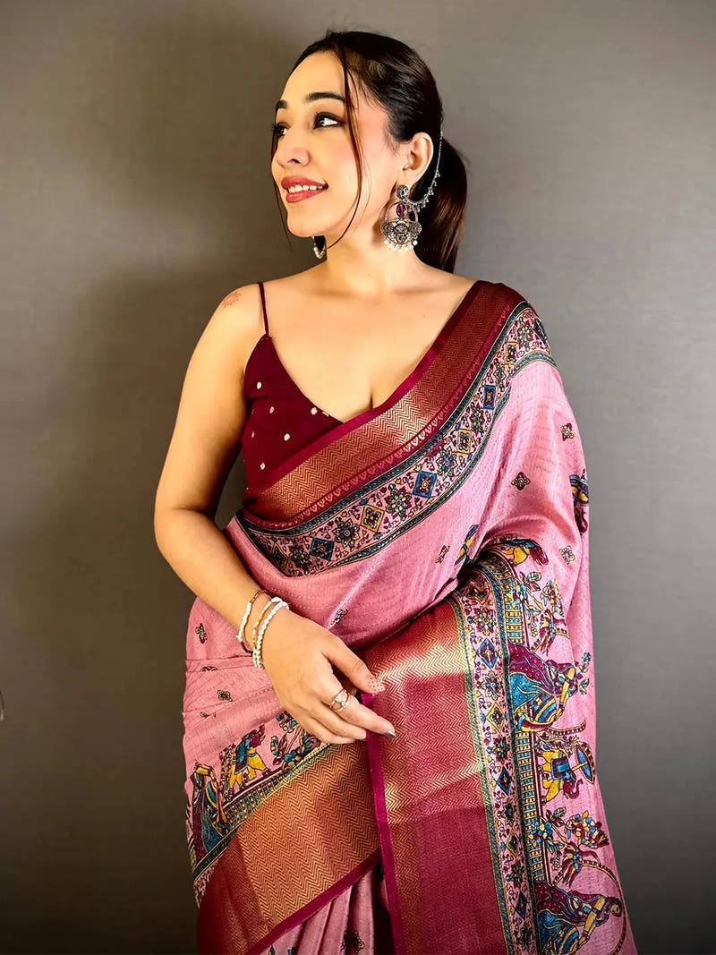 Pink Soft Dola Kalamkari Zari Border Saree