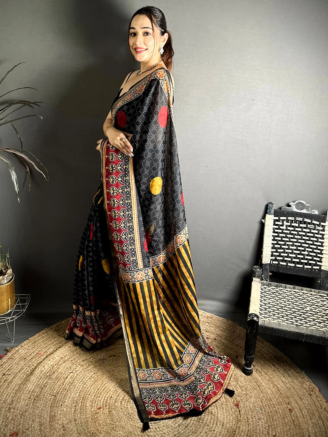 Black Mul Cotton Bandhani Ajrak Print Saree