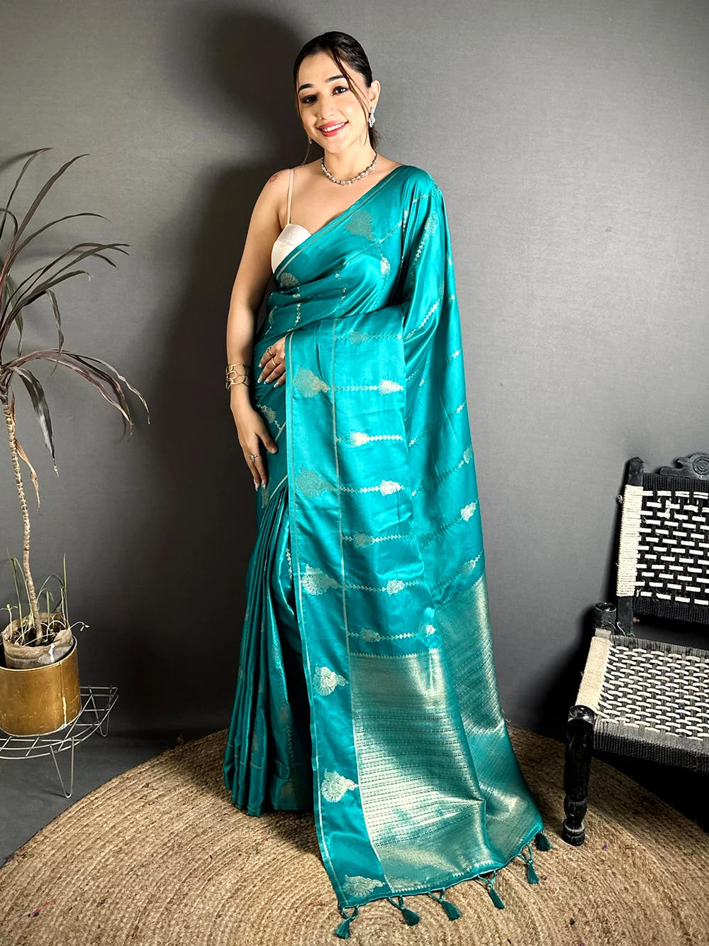Elegant Teal Mashru Silk Zari Weave Saree