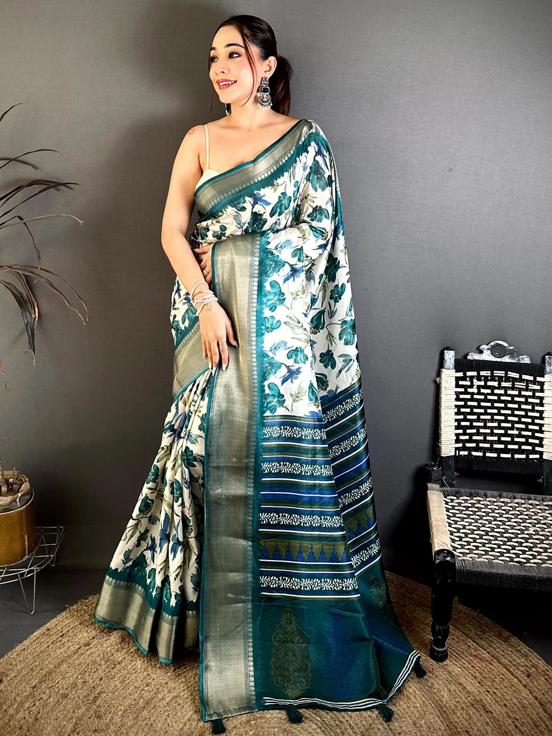 Elegant Teal Soft Dola Floral Print Saree