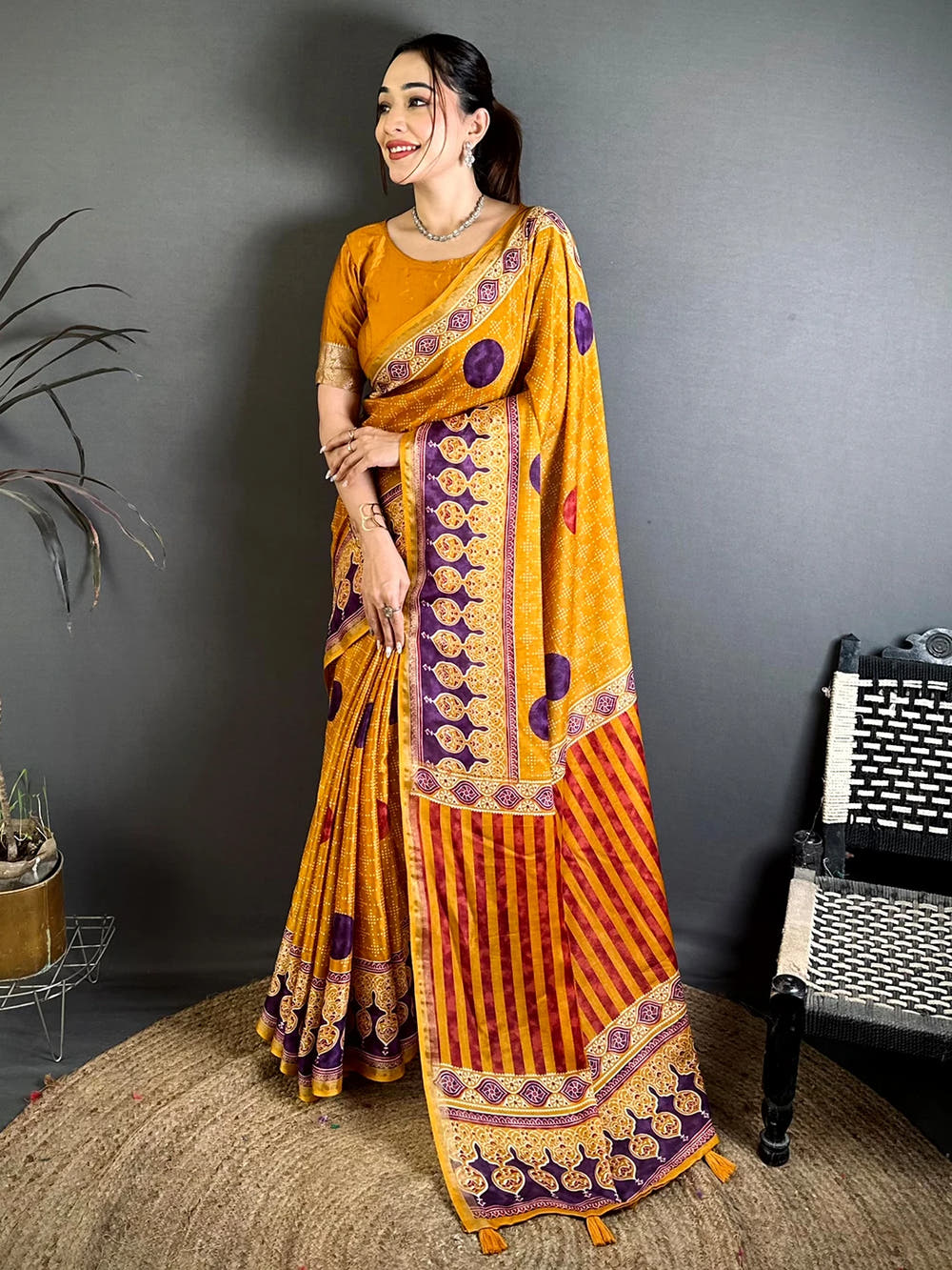 Mustard Mul Cotton Bandhani Ajrak Print Saree