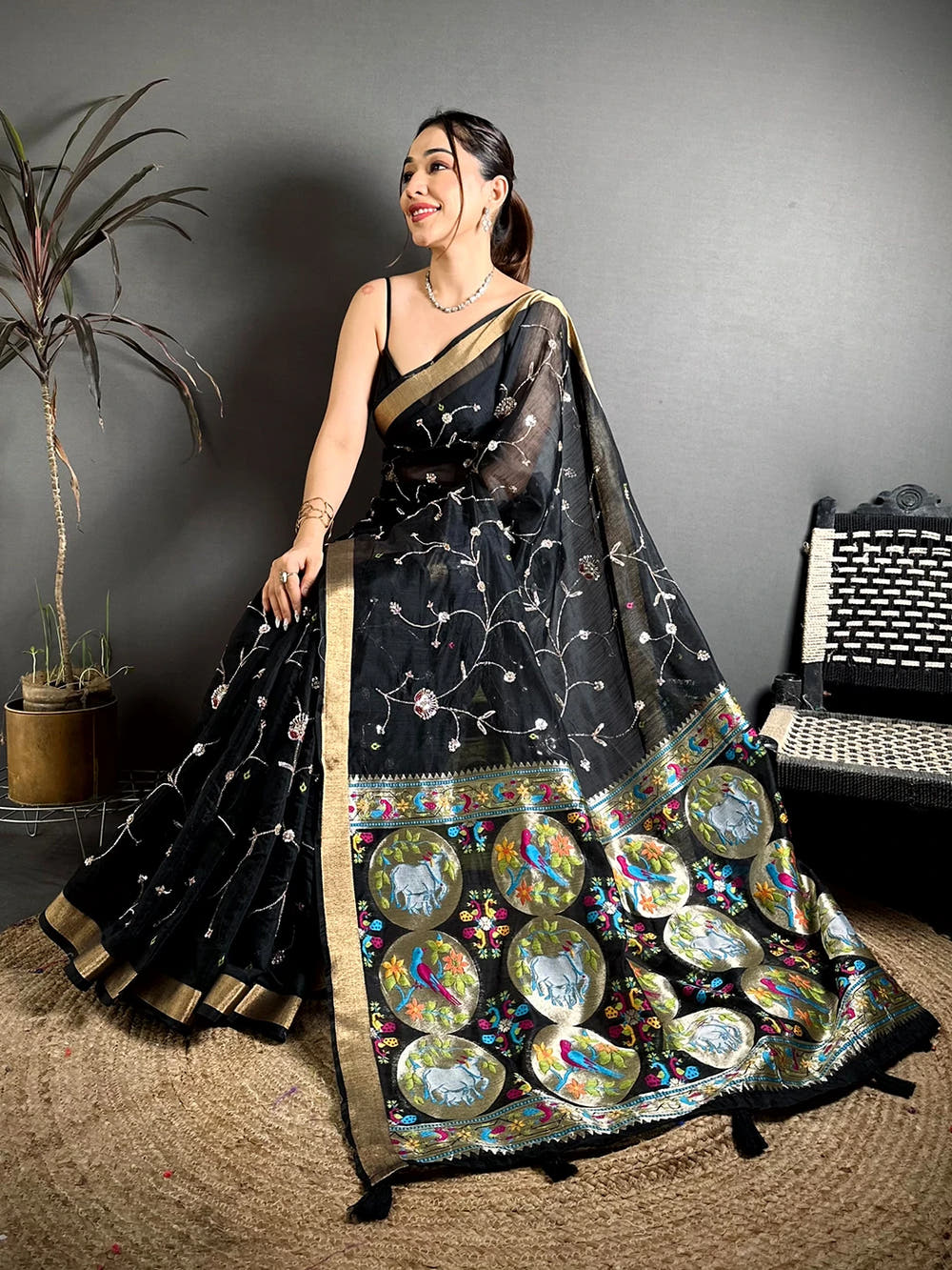 Black Linen Chanderi Pearl Bead Work Saree