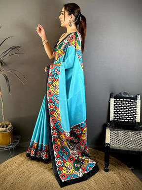Royal Sky Blue Patola Print Tussar Saree