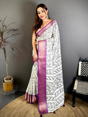 Stylish Soft Dola Silk Black Ink Kalamkari Saree