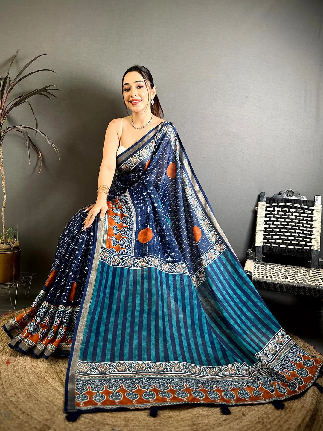 Navy Mul Cotton Bandhani Ajrak Print Saree