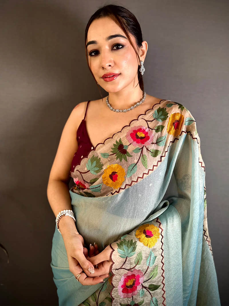 Blue Soft Crush Silk Resham Floral Border Saree