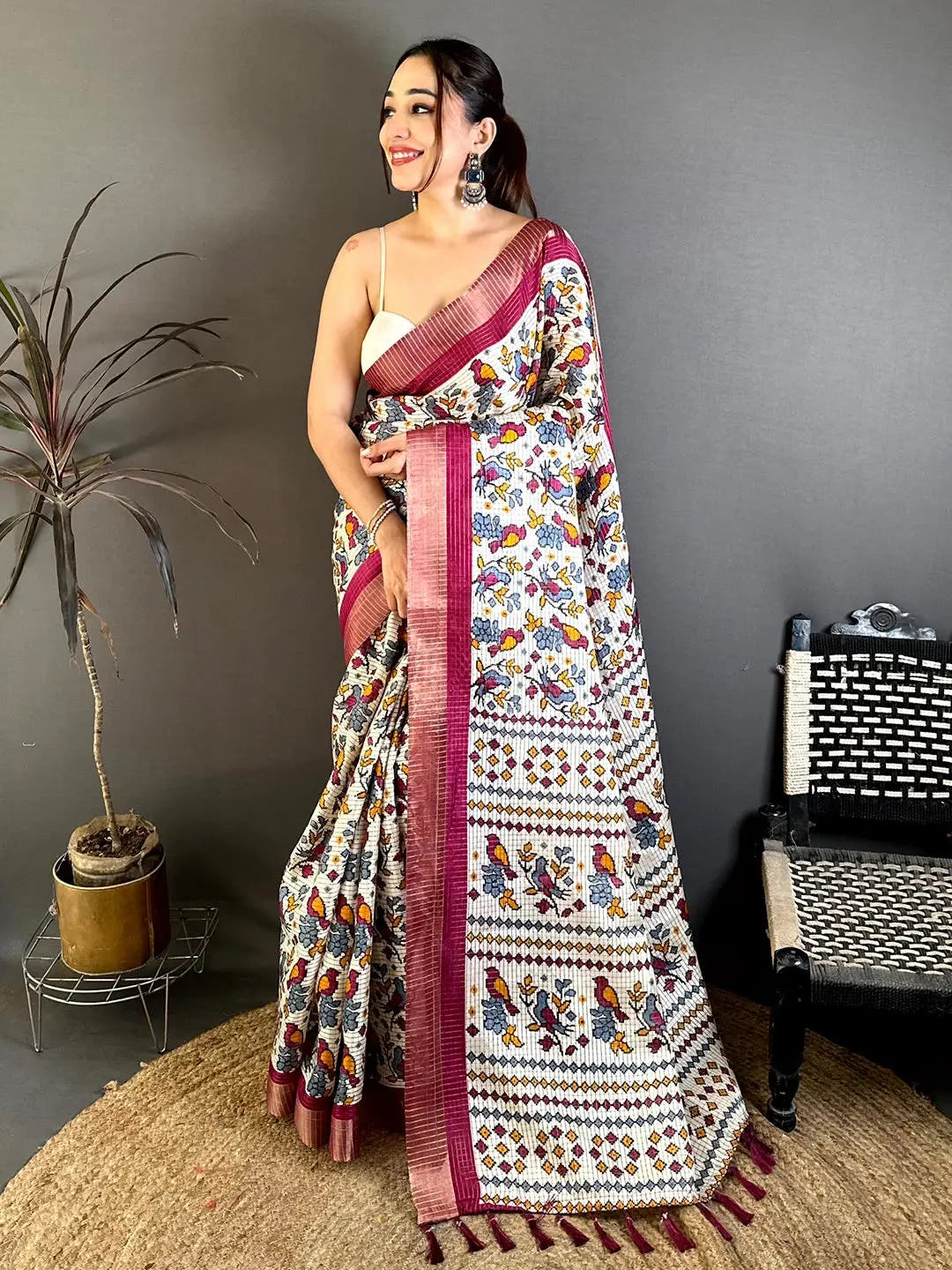 Wine Bird Printed Tussar Check Saree