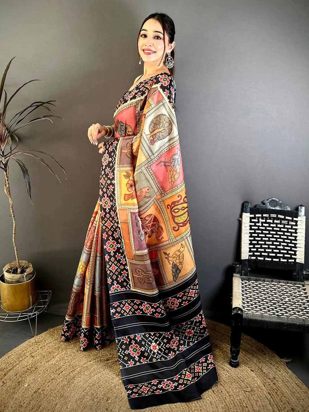 Stylish Tussar Kalamkari Patola Print Saree